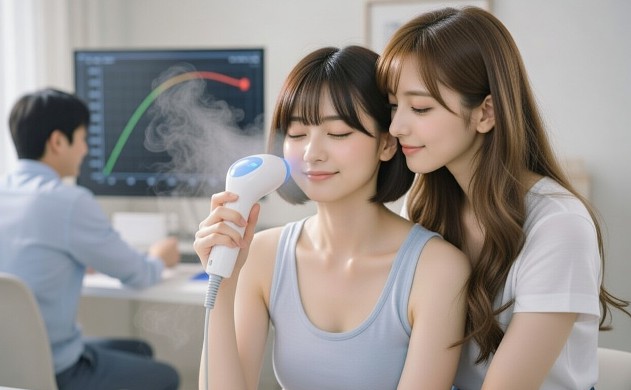 柔らかな朝の光が差し込む部屋で、美羽が光美容器を頬に当て、目を閉じて穏やかな笑顔。優しい冷気が立ち上がり、肌が輝いている。あいみがすぐ後ろから優しく抱きしめるように寄り添い、慈しむ表情で美羽を見つめている。奥に佐藤誠の後ろ姿が静かに微笑みながら温度グラフの完璧な下降曲線を見守っている。青白い冷たい光と暖かな朝日が混ざり、『冷たさ＝愛』をドラマチックに象徴するシーン。