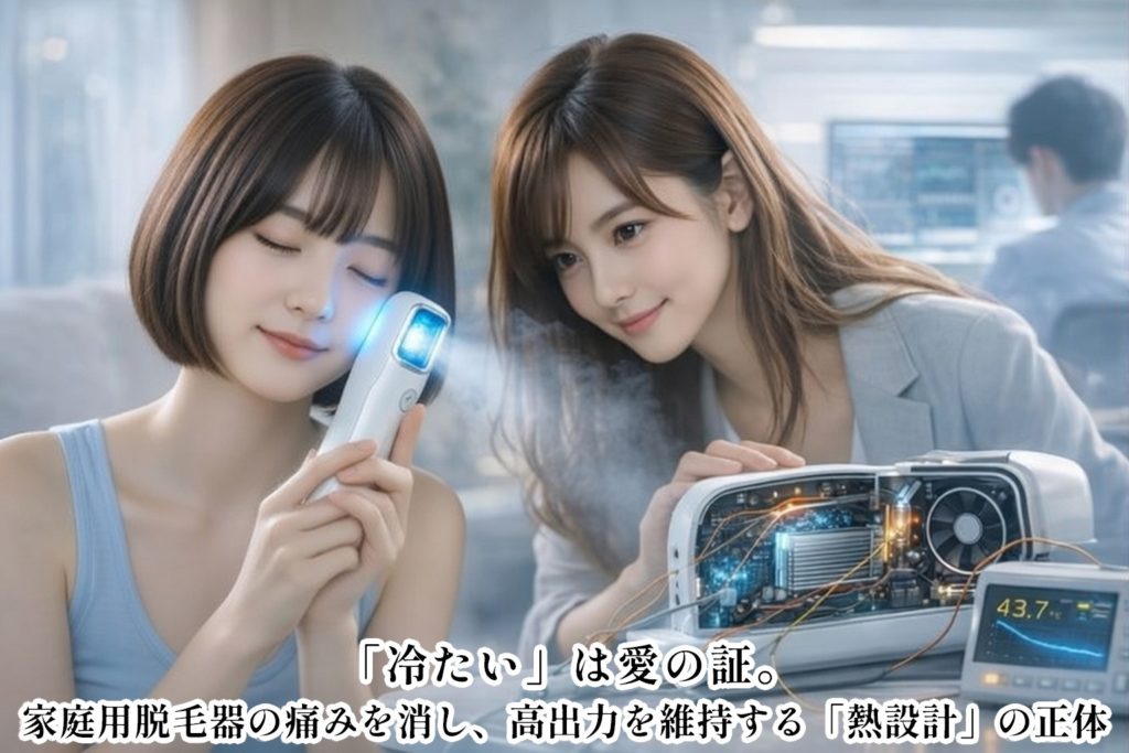 美羽が目を閉じて光美容器を頬に優しく当て、安堵の微笑みを浮かべている。頬から白い冷気が立ち上がり、あいみがすぐ横で本体内部のファンとヒートパイプを真剣に見つめている。内部の基板が青く光り、温度測定器の画面に43.7℃のグラフが表示。奥に佐藤誠の後ろ姿がモニターを操作中。クールで幻想的な青白い光と温かな雰囲気が混ざったドラマチックなシーン。