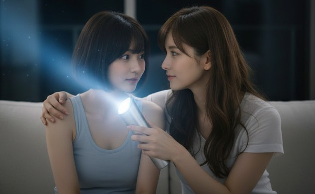 夜の静かなリビングで、ソファに座る二人の女性の横顔。美容器のサファイアガラスから放たれる、不純物のない透き通った青白い光が、空気中に一筋の道筋を作り、二人の顔を幻想的に照らし出しています。ショートボブの女性は光の透明感に目を見開き、ロングヘアの女性はそれを穏やかな微笑みで見守っています。