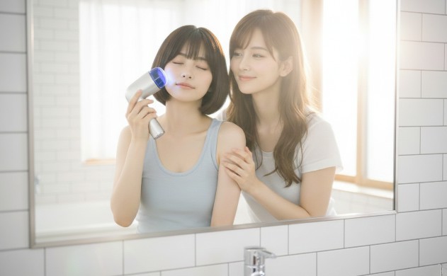 朝日が差し込む清潔感あふれるバスルーム。鏡の前でショートボブの女性が目を閉じ、美容器の冷たいサファイア面を頬に当てて、究極のリラックスを感じています。その後ろではロングヘアの女性が、自身の設計した技術が届ける安らぎを確信し、満足げに微笑みながら見守っています。