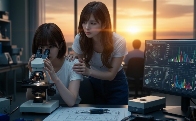 夕暮れ時の研究室。ロングヘアの女性が顕微鏡を真剣な表情で覗き込み、サファイアガラスの精密な界面を確認しています。隣ではショートボブの女性が図面を手に、信頼を込めて彼女の肩に手を置いています。デスクには精密測定器が並び、背景の夕日が、極限の設計に挑む二人の姿をドラマチックに浮かび上がらせています。