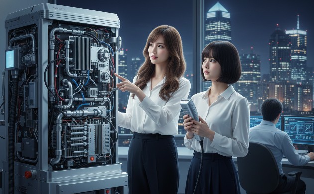 洗練されたオフィス空間。左側には複雑な冷却配管が見える巨大な業務用美容器があり、ロングヘアの女性がその仕組みを説明しています。対照的に、ショートボブの女性は手元にあるコンパクトな家庭用機を見つめ、巨大な冷却能力が小さなボディに凝縮されている技術の凄さに、驚きと感銘を受けている表情です。