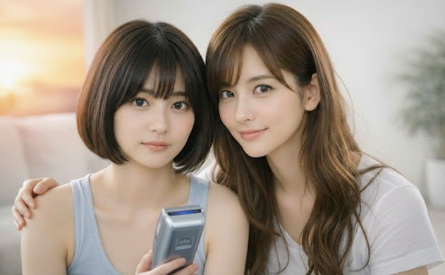 オレンジ色の夕日に照らされた穏やかなリビング。ショートボブの女性が美容器の冷たいサファイア面に触れ、心からの安堵と幸福感で微笑んでいます。隣に座るロングヘアの女性は、まるで家族を見守るような慈愛の眼差しを向けています。技術がもたらす「冷たさ」が、設計者の深い「愛」として伝わった瞬間を切り取った、温かな終幕のシーンです。