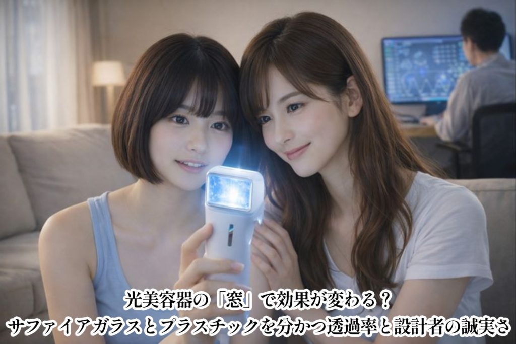 暖色の柔らかな光に包まれたリビングで、ロングヘアの女性（あいみ）がショートボブの女性（美羽）の肩に手を添え、慈愛に満ちた笑顔で見つめています。二人の視線の間には美容器があり、サファイアガラスから純粋な青白い光が放たれ、二人の表情を優しく照らしています。背景には、PCで光学設計図に向き合う男性（佐藤誠）の後ろ姿がぼんやりと映り込み、二人の時間を技術で支える様子が描かれています。