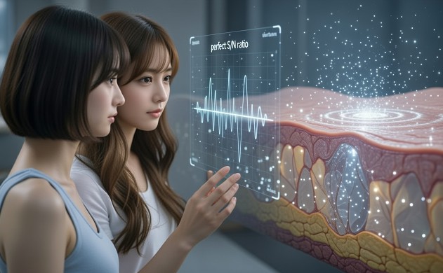 精密な皮膚モデルの奥深くから銀色の光の波紋が広がり、それをホログラムディスプレイで確認する佐藤誠の後ろ姿と、寄り添うあいみ、美羽。画面には「Perfect S/N ratio」の波形が映し出され、肌からの微細な返信を愛おしく受け止める感動的な瞬間。