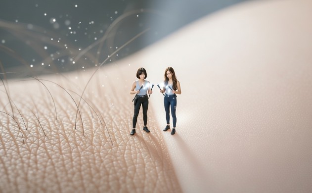 顕微鏡レベルで拡大された肌の表面。左側はムダ毛で光が乱反射し、右側は滑らかで光が真っ直ぐ浸透している。その境界線に立つ小さなあいみと美羽が、魔法の杖のようなセンサーを掲げ、光のインピーダンスを完璧に調整しているドラマチックなミクロの世界。