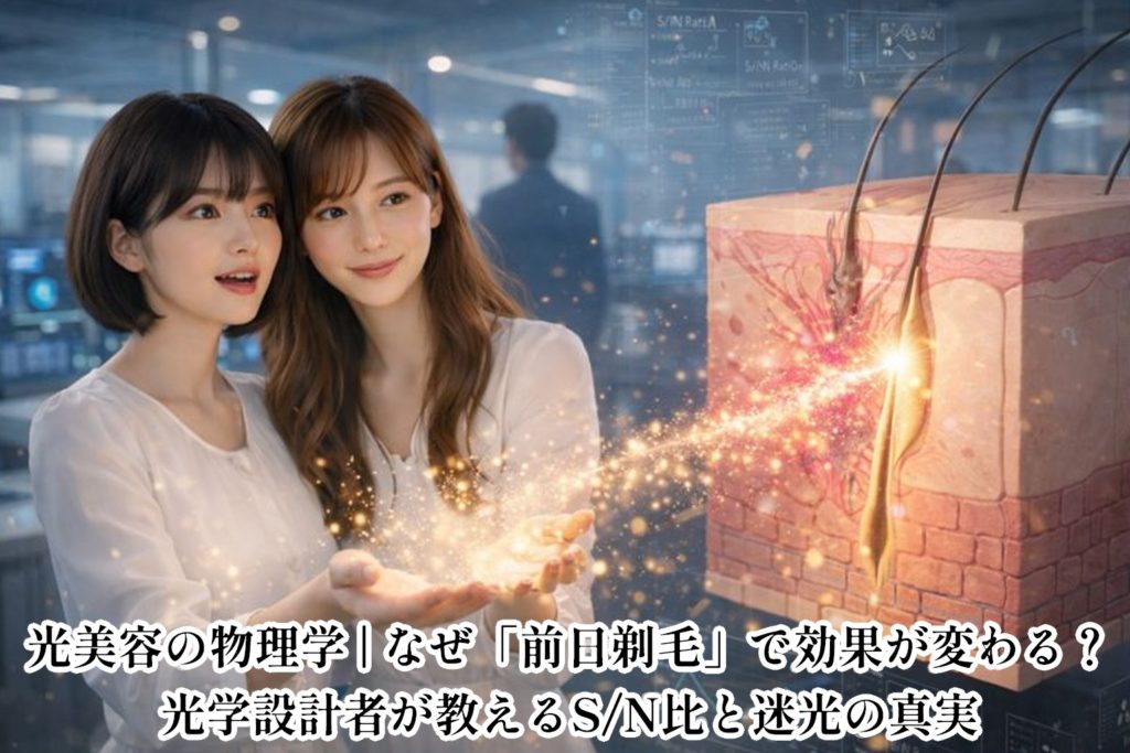 未来的な研究所で、ロングヘアの女性研究者（あいみ）とショートボブの女性（美羽）が、手のひらから黄金色の光の粒子を放ち、巨大な皮膚断面モデルへ注入している。背景には見守る男性のシルエットがあり、ハイテクなホログラムUIが浮かぶ、希望に満ちた科学のワンシーン。