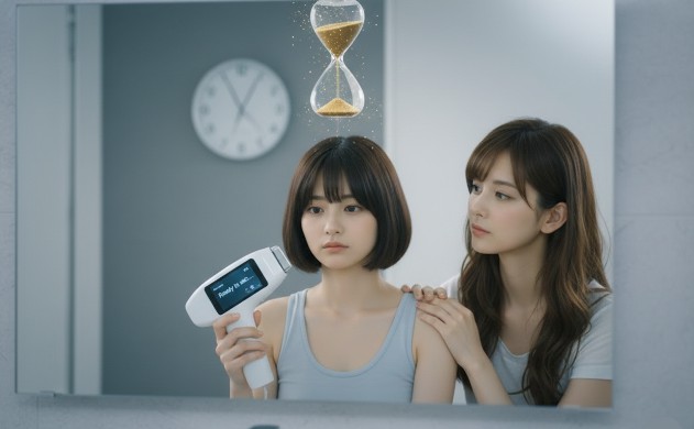 洗面台の鏡の前で、光美容器の「Ready」表示を憂い顔で見つめる美羽。その肩に優しく手を置き寄り添うあいみ。背景の壁時計と頭上に浮かぶ幻想的な砂時計が、わずか1秒の遅延が永遠のように感じられる停滞感を表現している。