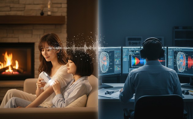 画面左側では暖炉のそばで光美容器を使い癒されるあいみと美羽、画面右側ではヘッドフォンをして真剣に音響解析シミュレーションに向き合う誠の後ろ姿が対比的に描かれている。あいみの耳元には、設計によって取り除かれるべき「見えないノイズ」が波紋として視覚化されている。