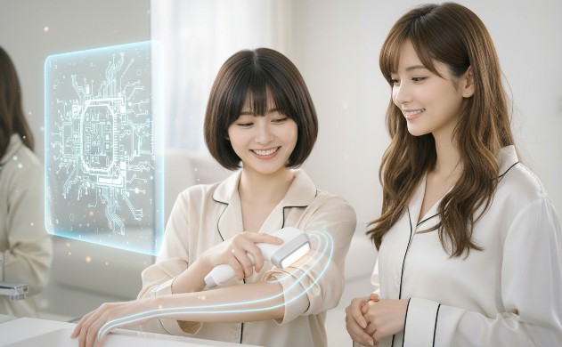 明るいバスルームで、光美容器を肌に滑らせて満面の笑みを浮かべる美羽と、それを見守るあいみ。美羽の腕には機器が吸い付くようなフィット感を表現する青白い光のラインが走り、背景には精密な内部構造のホログラムが浮かび、設計の魔法を表現している。