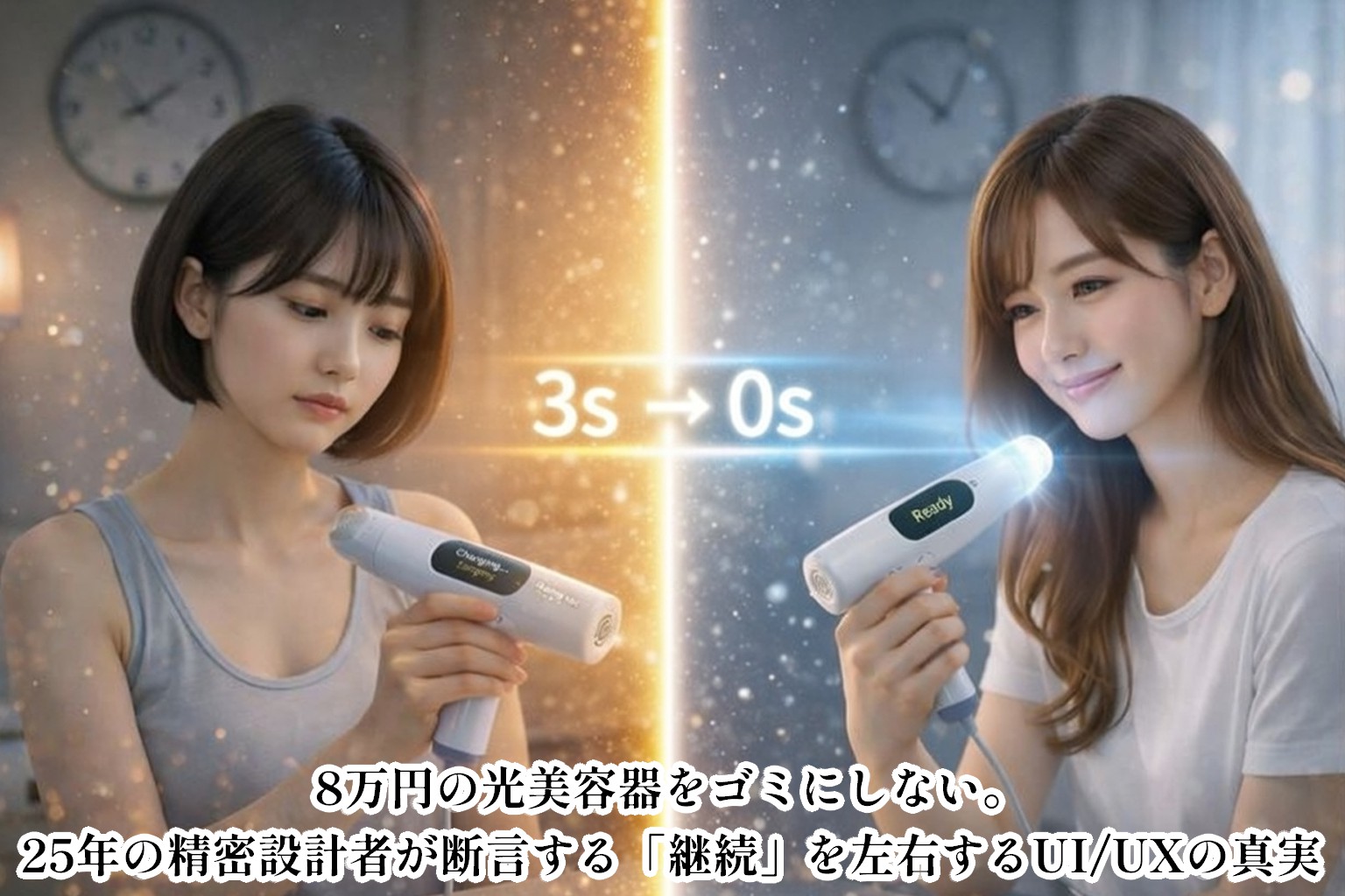 家庭用IPL脱毛器の照射待ち時間の違いを比較するイメージ。左側ではショートボブの女性が「3秒」の待機表示を見つめながら少し不満そうにデバイスを持ち、右側ではロングヘアの女性が「Ready」表示の機器を手に微笑んでいる。中央に「3秒 → 1秒」の発光ラインがあり、時間ロスの解消を象徴。背景には時計と光粒子演出が入り、「あなたの時間を奪わない設計」というメッセージが強調された横長ビジュアル。