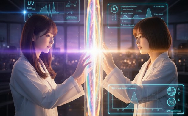 未来的なラボで、あいみと美羽が虹色に輝く巨大な垂直の光フィルターに手を触れている。左側からの禍々しい紫色のUV光をフィルターが完璧に遮断し、右側へ穏やかな可視光だけを通している、科学の神秘を感じさせる一枚。