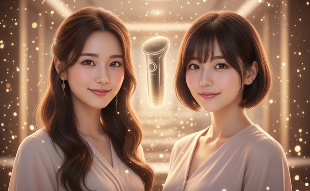 柔らかく舞い踊る光の粒子の中で、穏やかな笑顔を浮かべるあいみと美羽。彼女たちの背後には見守るように立つ設計者の後ろ姿があり、中心には光の輪郭で描かれた美容器が浮かぶ、愛と感謝がテーマの感動的なエンディング画像。