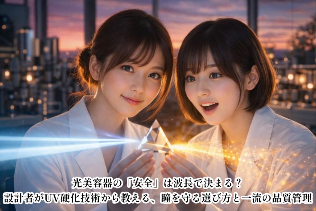 夕暮れの光学研究室で、白衣を纏った二人の女性エンジニア、あいみ（ロングヘアのまとめ髪）と美羽（ショートボブ）が、透明なクリスタルプリズムを挟んで並んでいる。プリズムからは、左側へ鋭く冷たい青白い光の筋が、右側へは二人を温かく照らす柔らかな黄金色の光の粒子が放たれている。窓の外にはマジックアワーの幻想的な空が広がり、精密機器が美しく玉ボケしている、希望と安全を感じさせるフォトリアルな1枚。