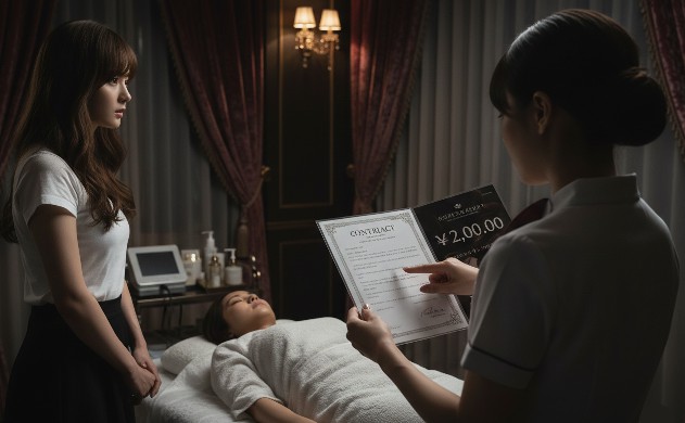 ミステリアスな高級サロンの個室で、高額な契約書を突き出すエステティシャンを、影から美羽が鋭い視線で観察し、あいみも心配そうに状況を見守る。「見えないコスト」の真実に警鐘を鳴らす、サスペンスフルなシーン。