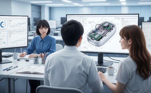 開発ラボで最新の設計図を真剣に見つめる誠の腕にあいみが尊敬の念を込めて手を添え、美羽が隣で製造工程のデータを緻密に分析する。設計者の情熱と品質へのこだわりが交差する、知的な創造の瞬間。