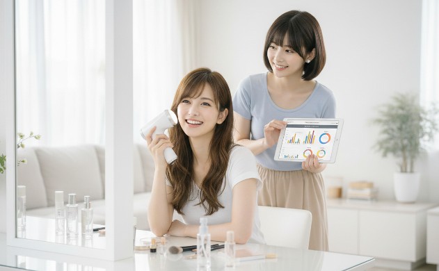 明るいドレッサールームで、自信に満ちた笑顔でセルフケアを楽しむあいみと、その横で美の経済的合理性をタブレットのデータで証明する頼もしい美羽。セルフケアを「消費」から「賢い投資」へと変える喜びを表現。