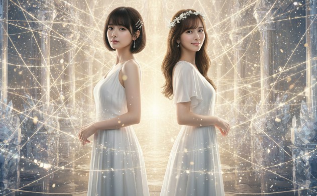 無数のクリスタルと光の筋が交差する神秘的な迷路の終着点で、白いドレスを纏ったあいみと美羽が美の目的地へと導くように微笑む幻想的なシーン