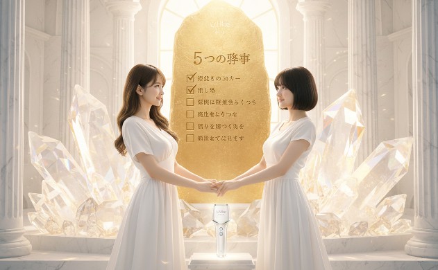 神殿の中央にそびえ立つ純金の石碑に刻まれた「5つの約束」を前に、あいみと美羽が信頼を込めて手を取り合い、読者の美しさを守ることを誓うシーン