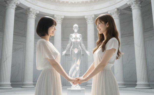 壮麗な神殿の広間で、透明なクリスタルの女性彫刻を挟み、美しさを設計できた喜びを分かち合って晴れやかな笑顔で向き合うあいみと美羽