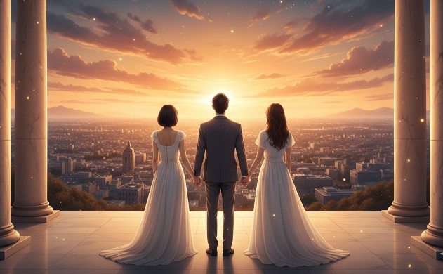 夕暮れ時の神殿テラスから、誠と手を取り合うあいみと美羽の3人が未来の街並みを眺め、共に美しく歩んでいく希望に満ちたロマンティックな後ろ姿