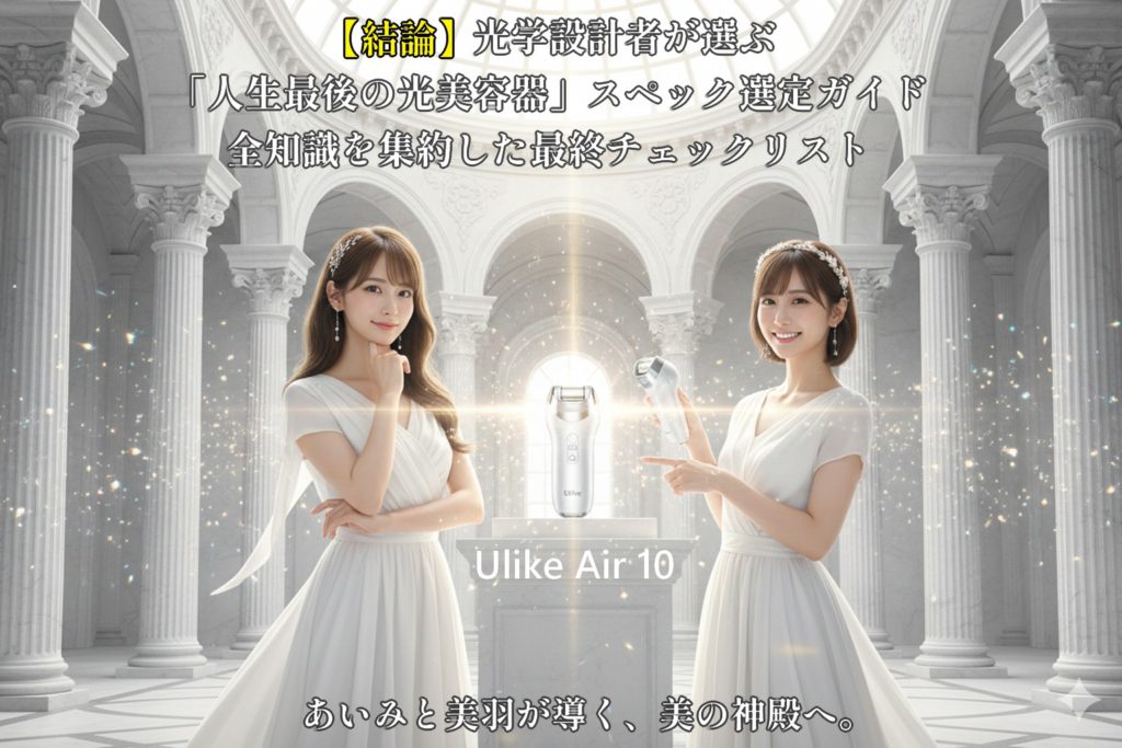厳かな白い大理石の神殿で、神々しい光を放つUlike Air 10を中央に、白いドレス姿の光学設計者あいみと美羽が優雅に微笑む、知と美を象徴するメインビジュアル