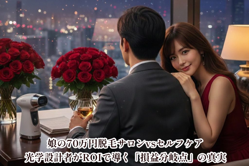 ラグジュアリーなホテルのラウンジで、宝石のような夜景を背景に、誠(スーツ姿の男性)の肩にそっと寄り添うあいみ(赤いドレスの女性)。テーブルには深紅のバラの花束と精密な光美容器が置かれ、二人の深い信頼と「投資としての美容」を象徴する、映画のワンシーンのようなフォトリアルなアイキャッチ画像。