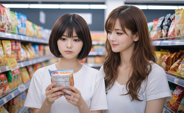 スーパーの青白い照明の下で、商品のカロリー表示を不安げに見つめる美羽と、その隣で優しく見守るあいみ。照明が食欲に与える影響を象徴するシーン。