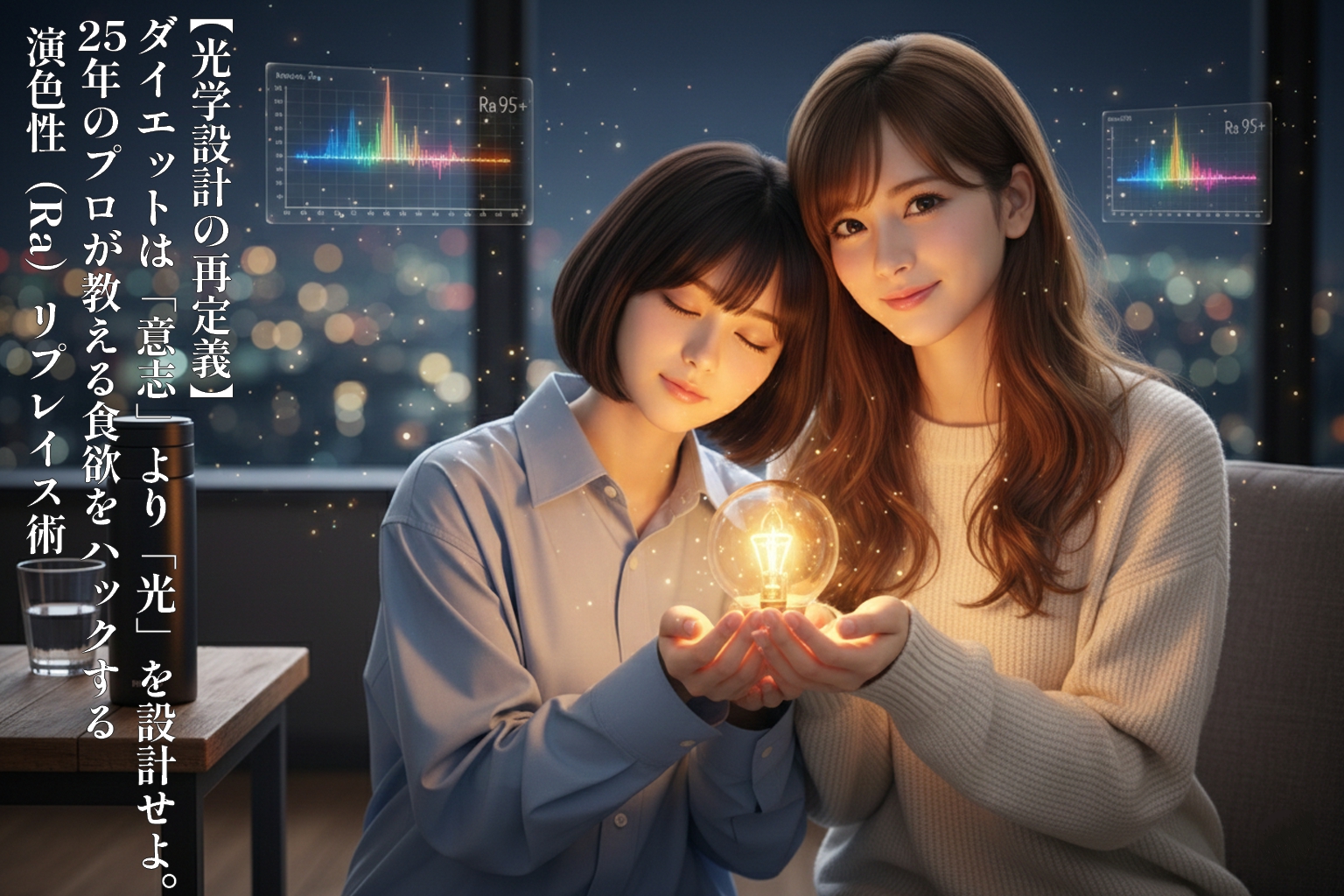 温かなオレンジ色の光(Philips Hue)を大切そうに手に持ち、微笑みながら寄り添う「あいみ」と「美羽」。背景には夜景と光学設計のホログラムが浮かぶ、癒やしと専門性を表現した一枚。