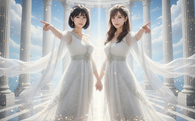 光り輝く神殿の中心で、手を取り合いながら未来の光の道を指し示す二人の女神の全身像。希望と決意に満ちた表情のフォトリアル画像。
