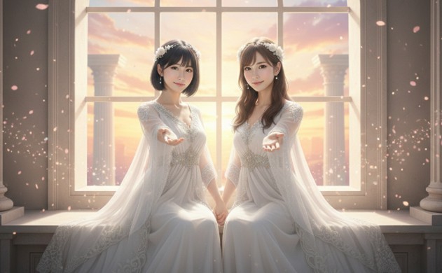 夕暮れ時の神殿の窓辺で、寄り添いながら穏やかに微笑む女神あいみと美羽。読者の手を握るように開かれた手と、温かいピンクゴールドの光に包まれた安らぎの風景。