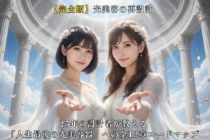 天空の光の神殿で、女神のような白いドレスを纏ったロングヘアの女性（あいみ）とショートボブの女性（美羽）が、優しく微笑みながら読者に手を差し伸べているフォトリアルな画像。