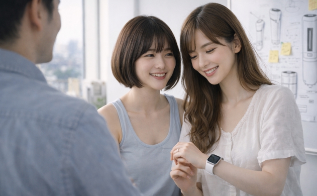 広々とした明るいオフィスで、笑顔のあいみと美羽が最新のスマートウォッチを腕につけて並んでいる。誠（後ろ姿）は腕組みをして二人の隣に立ち、背景にはデザインスケッチが貼られたホワイトボードが見える。