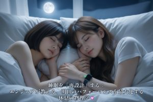 月明かりが差し込む寝室で、そっと手を取り合い眠る二人の女性（あいみと美羽）。二人の顔には安らかな表情が浮かび、手首には輝くスマートウォッチが装着されている。