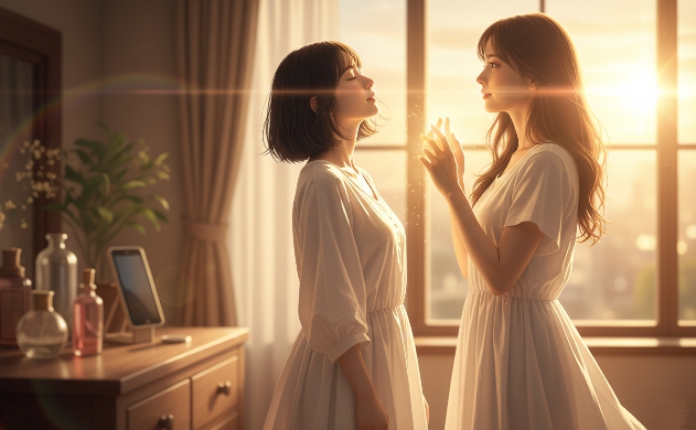 黄金色の夕日が差し込む窓辺で、白い服を着たあいみと美羽が向き合っている。あいみの指先から溢れる柔らかな光が二人を包み込み、過去を脱ぎ捨てて新しい自分へと生まれ変わる希望を感じさせる、温かくドラマチックな写真。