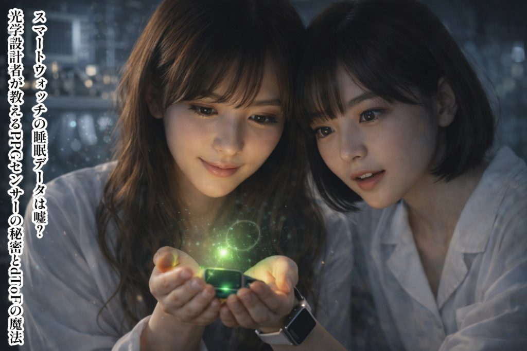 薄暗い研究室で、ロングヘアの女性（あいみ）とショートボブの女性（美羽）が、両手で包み込むように持ったスマートウォッチから浮かび上がる一粒の幻想的な緑色の光子（フォトン）を愛おしそうに見つめている。光が指先を透過する皮下散乱や、瞳に映る緑の輝きがリアルに描写された、神秘的で科学的なポートレート。