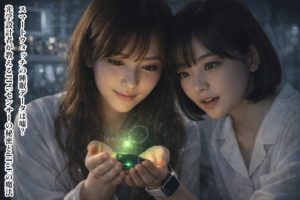 薄暗い研究室で、ロングヘアの女性（あいみ）とショートボブの女性（美羽）が、両手で包み込むように持ったスマートウォッチから浮かび上がる一粒の幻想的な緑色の光子（フォトン）を愛おしそうに見つめている。光が指先を透過する皮下散乱や、瞳に映る緑の輝きがリアルに描写された、神秘的で科学的なポートレート。