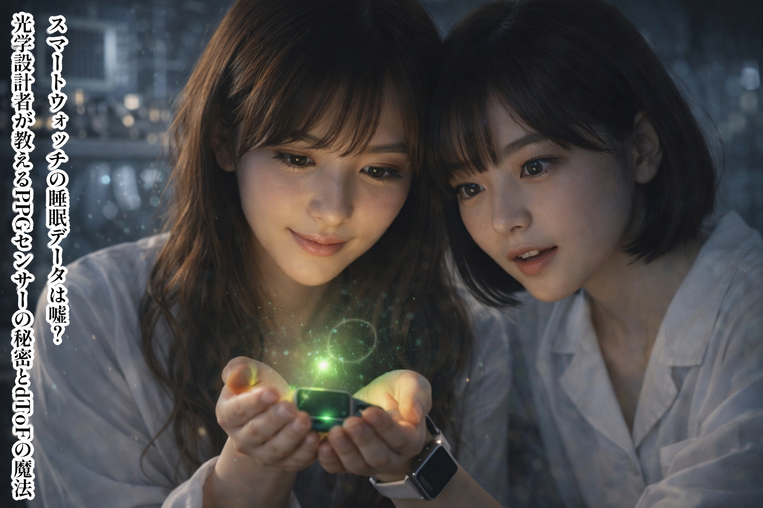 薄暗い研究室で、ロングヘアの女性（あいみ）とショートボブの女性（美羽）が、両手で包み込むように持ったスマートウォッチから浮かび上がる一粒の幻想的な緑色の光子（フォトン）を愛おしそうに見つめている。光が指先を透過する皮下散乱や、瞳に映る緑の輝きがリアルに描写された、神秘的で科学的なポートレート。
