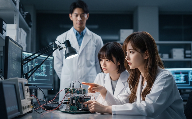 先端技術の研究室（ラボ）で、複雑なdToFセンサーモジュールを真剣な表情で解析する白衣姿のあいみと美羽。二人の背後には彼女たちの献身を見守る男性（誠）の後ろ姿があり、現場の熱量と信頼関係が伝わる、ドラマチックで精密なディテールの実写画像。