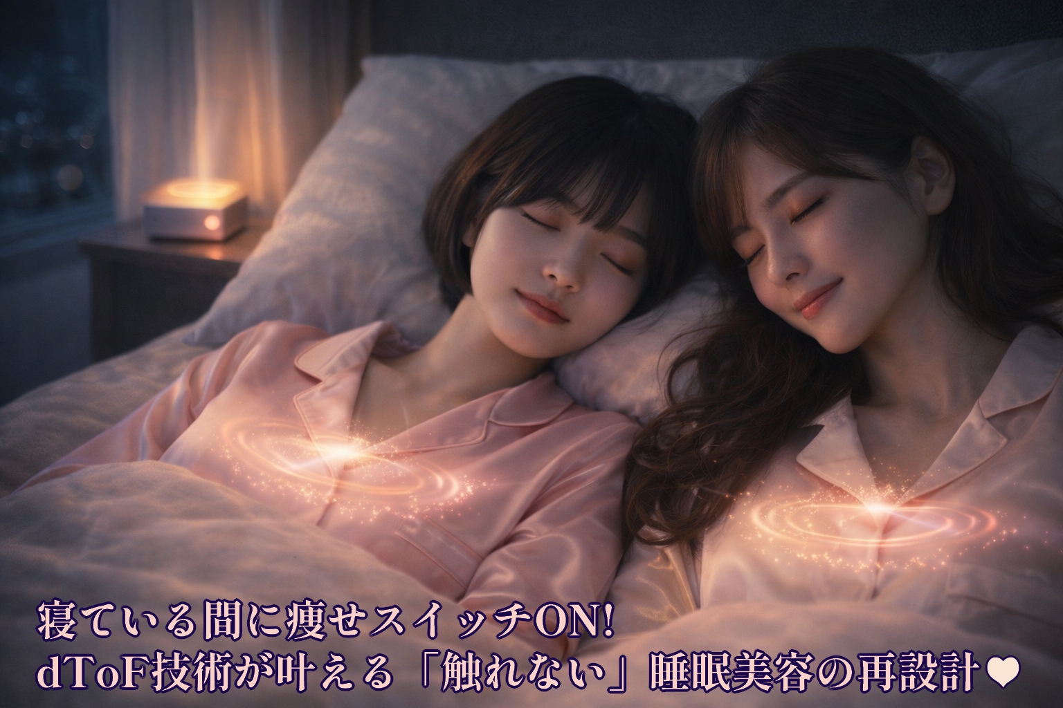 高級感のある暗めの寝室で、シルクのパジャマを着て安らかに眠るあいみ（ロングヘア）と美羽（ショートボブ）。枕元のdToFデバイスから放たれる、呼吸を計測するための幻想的な光の粒子が二人の胸元を優しく照らしている、神秘的で美しい実写風画像。