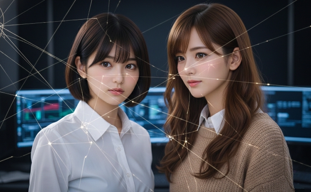 夜の光学実験室で複雑に入り組む光の迷路を、真剣な眼差しで分析するエンジニアのあいみと美羽