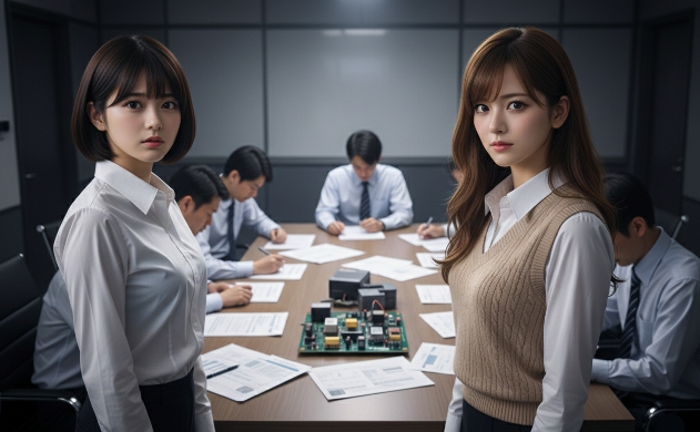 緊迫した会議室で、技術的な課題に向き合い毅然とした表情で状況を見守るあいみと不安げな美羽