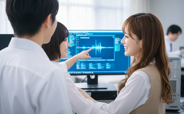 解析モニターに映し出されたキャリブレーションの正解を見て、歓喜と安堵の笑顔を交わすあいみ、美羽、誠