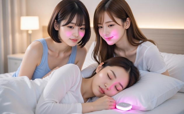 睡眠計測デバイスの優しい光に包まれて眠る女性を、慈愛に満ちた表情で見守るあいみと美羽の横顔