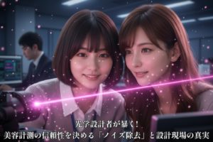 光学設計者のあいみと美羽がdToFセンサーと光の軌跡を見つめる、光美容の再設計を象徴するメインビジュアル