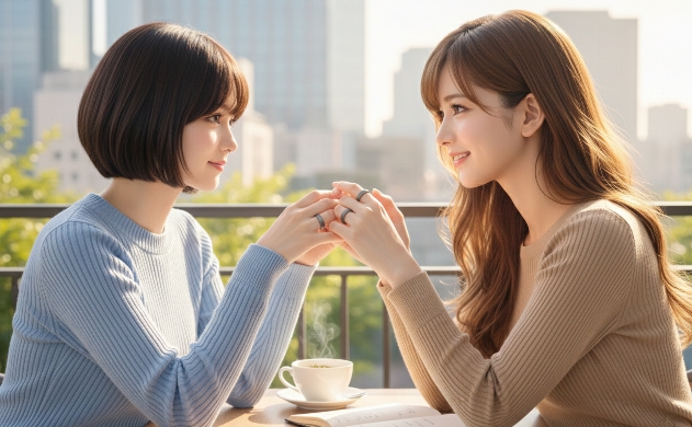 柔らかな日差しのカフェテラスで、Oura Ring 4をつけた指先を見つめ合い、新しい生活習慣について語り合うあいみと美羽。温かいハーブティーと開かれた手帳が、二人の穏やかな時間を演出する。