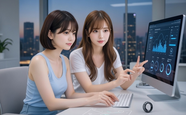 夕暮れのモダンオフィスで、Oura Ring 4のデータ分析画面を真剣に見つめるあいみと美羽。精巧なOura Ring 4の模型が置かれ、技術への情熱が伝わるドラマチックな情景。
