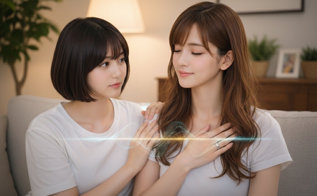 温かいリビングで、Oura Ring 4を胸に当てて目を閉じるあいみと、優しく見守る美羽。二人の間に広がる微細な生体信号が、見えない心の絆を表現する、安心感に満ちた情景。