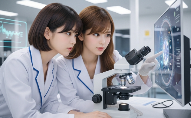 クリーンルームのような研究室で、白衣姿のあいみと美羽がマイクロスコープでOura Ring 4の内部構造を覗き込む。微細なセンサーや光学部品が芸術品のように見え、職人技とユーザーへの想いが伝わる。