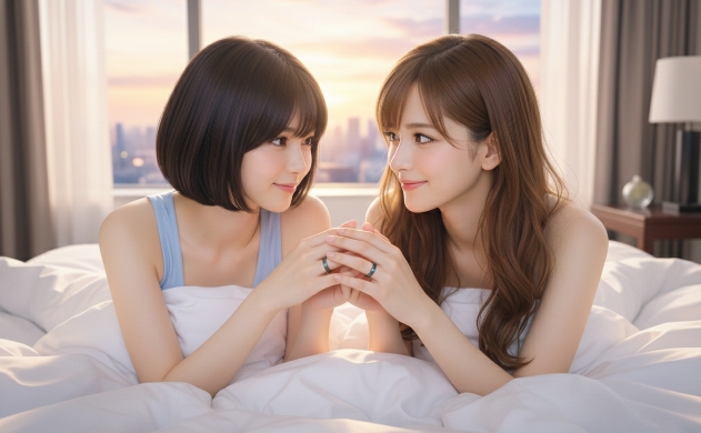朝日が差し込むラグジュアリーホテルのベッドルームで、Oura Ring 4をつけた指を組み、穏やかに目覚めるあいみと美羽。希望に満ちた朝焼けが広がり、Oura Ring 4がもたらす幸福感を象徴する。